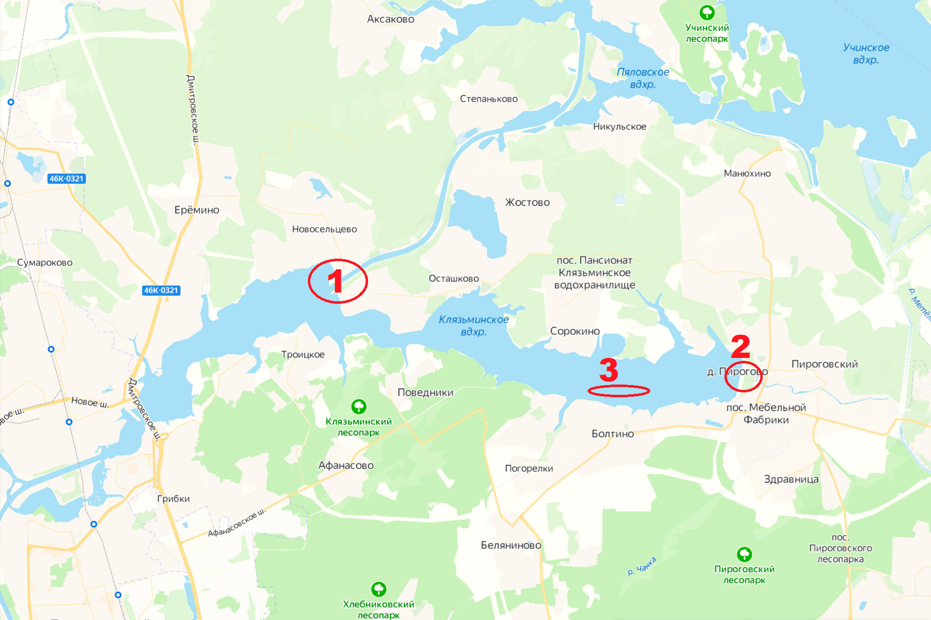 Схема опасных мест при занятии сноукайтингом на Пироговском водохранилище (Москва, МО)